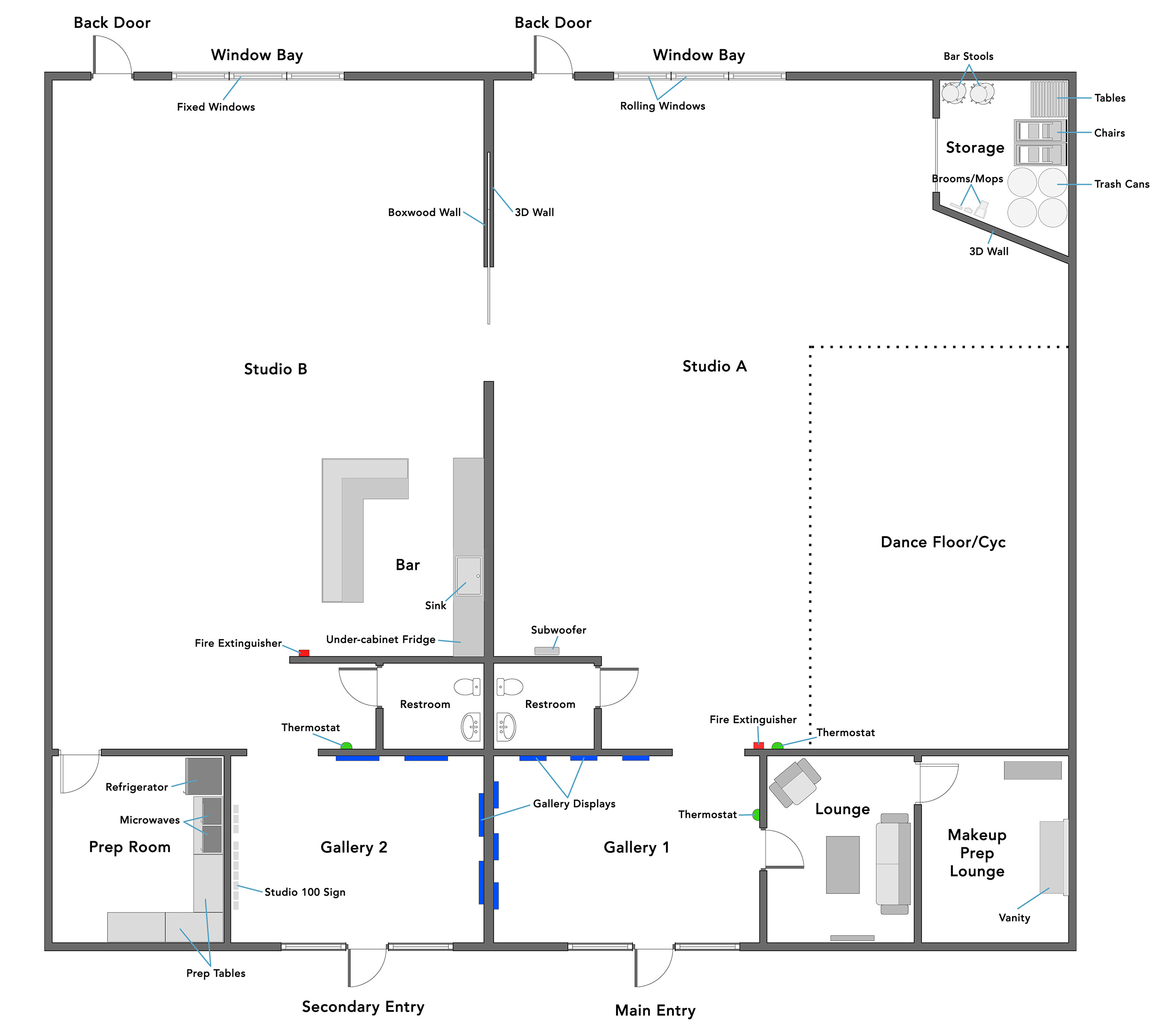 Studio 100 floorplan with details